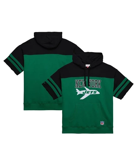 Мужская толстовка-пуловер с коротким рукавом Mitchell & Ness в стиле Келли-Грин New York Jets Off Field с винтажным логотипом и капюшоном green
