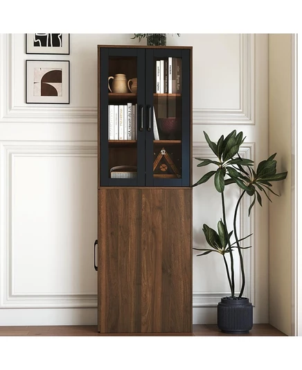 Витрина Streamdale Furniture 70.87", 4-ярусная выдвижная полка, 2 стеклянные дверцы, Современная книжная полка коричневого цвета
