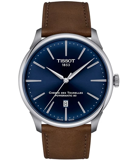 Мужские швейцарские автоматические часы Tissot Chemin des Tourelles Powermatic 80 на коричневом кожаном ремешке диаметром 42 мм без цвета
