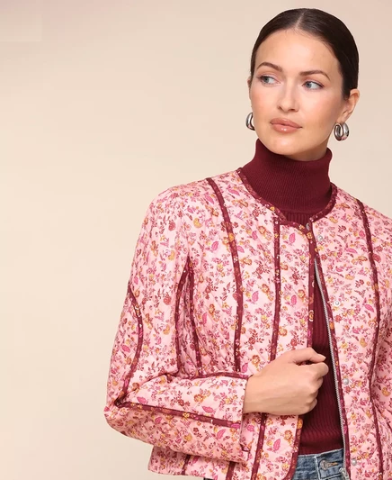  Женская стеганая укороченная куртка с цветочным принтом pink burgundy floral