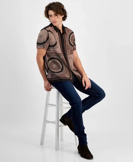 Мужской комплект Guess: рубашка с медальоном, джинсы, коричневый