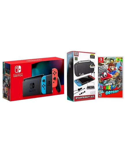  Консоль Switch объемом 32 ГБ, неоново-красная/синяя, в комплекте с Joy-Con, стартовым пакетом аксессуаров Surge 11 в 1 и Super Mario Odyssey black