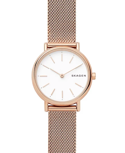 Женские часы Skagen Signatur Slim из розового золота с сетчатым браслетом из нержавеющей стали 30 мм белого цвета