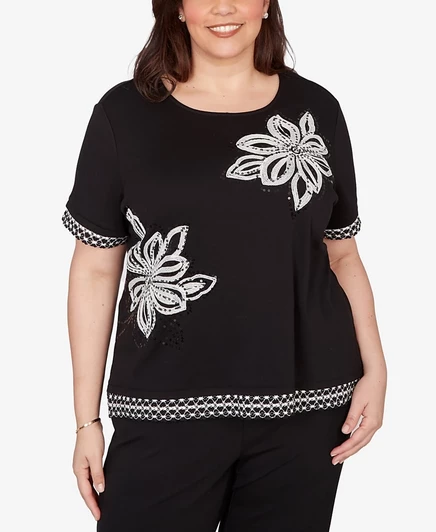 Топ Alfred Dunner Plus Size Crowd Pleaser с цветочной отделкой и кружевной каймой, черный