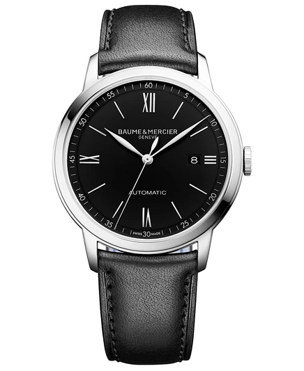 Мужские швейцарские часы Classima с автоподзаводом Baume & Mercier на черном кожаном ремешке, 42 мм, черный