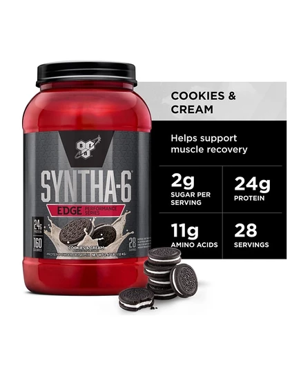Протеиновый порошок BSN SYNTHA-6 Edge, содержащий гидролизованную сыворотку, мицеллярный казеин, изолят молочного белка, с низким содержанием сахара, 24 г белка, Печенье со сливками, 28 порций без красителя.