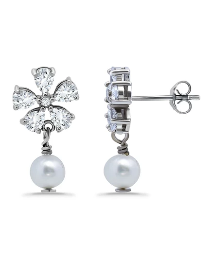 Серьги-капли Macy's с белым культивированным жемчугом и фианитами в цветочек сверху