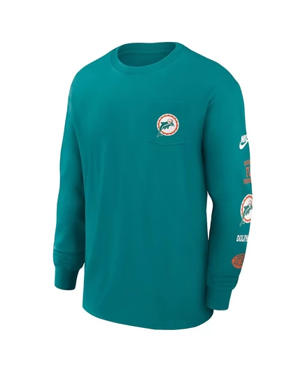 Мужская футболка с длинным рукавом Nike Aqua Miami Dolphins Rewind Heavy Max 90 с карманами aqua