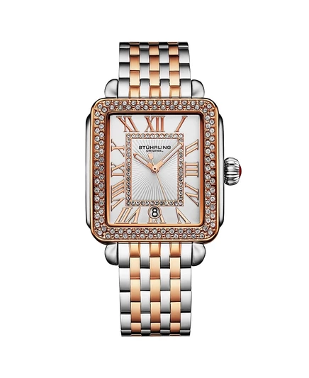 Женские кварцевые часы Stuhrling VivreLuxe прямоугольной формы диаметром 34 мм, безель из хрусталя, циферблат с римскими цифрами, Браслет из нержавеющей стали