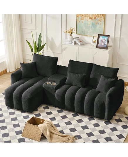Секционный диван Streamdale Furniture из ткани Teddy с консолью, USB и подстаканником черного цвета