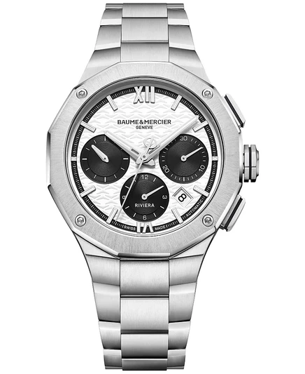Мужские швейцарские часы с автоматическим хронографом Baume & Mercier Riviera на браслете из нержавеющей стали 41 мм белого и черного цвета