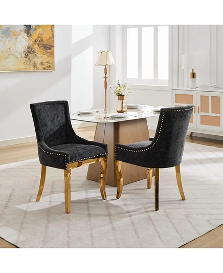 Обеденные стулья Streamdale Furniture из синели, золотые ножки, отделка заклепками черного цвета