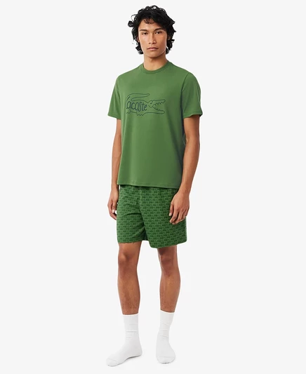 Мужская футболка с коротким рукавом и пижамные шорты Lacoste, комплект из 2 предметов зеленого цвета