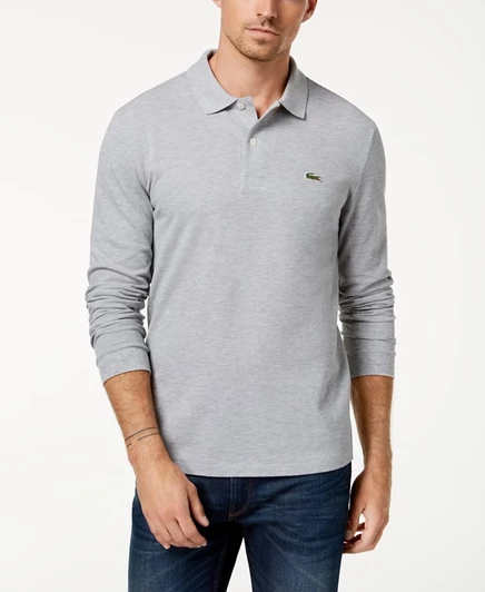 Мужское поло Lacoste Classic Fit длинный рукав, серебристое