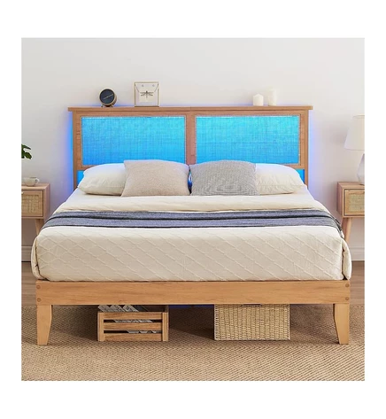 каркас кровати gaomon Queen-Size с изголовьем из ротанга, каркас кровати на платформе со светодиодной подсветкой и деревянным изголовьем, Прочная деревянная рейка, Основание матраса