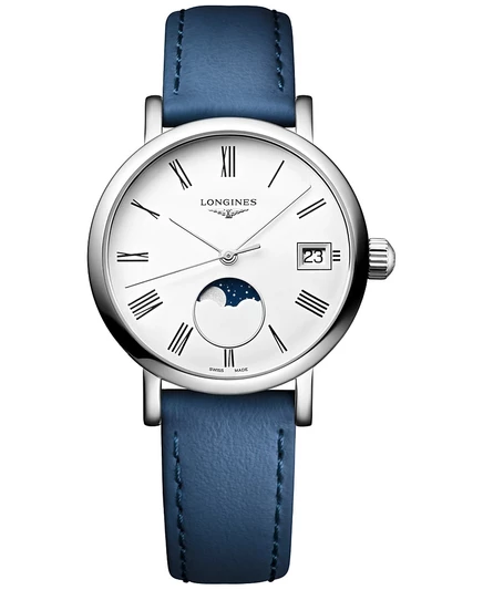 Женские швейцарские элегантные часы Longines с синим кожаным ремешком Moonphase 30 мм без цвета