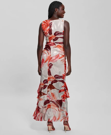 Женское макси-платье GUESS с принтом Ava из сетчатой ткани с оборками tropic eclipse print coral
