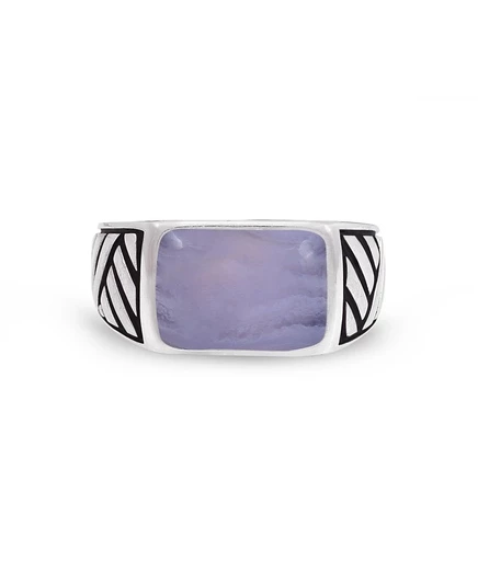 LuvMyJewelry Синий кружевной агат Драгоценный камень Мужское кольцо-печатка из чистого серебра с черным родием и белым