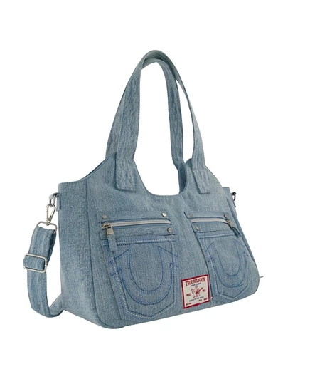 Женская джинсовая сумка True Religion с вышивкой в виде подковы синего цвета