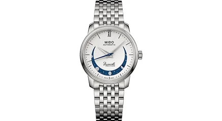 Женские швейцарские автоматические часы Mido Baroncelli Smiling Moon Smiling Moon с браслетом из нержавеющей стали 33 мм белого цвета