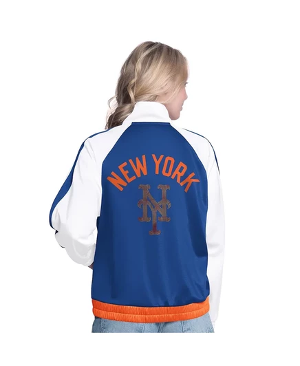 Женская спортивная куртка реглан со стразами G-III Sports by Carl Banks белого цвета/Royal New York Mets Rally от Carl Banks, застегивающаяся на молнию white, royal