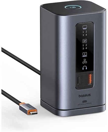 Док-станция Baseus 11-в-1 с тройным дисплеем 4K с поддержкой USB 10 Гбит/с, Ethernet, 100 Вт PD, аудио, HDMI/DP для ноутбуков серого цвета