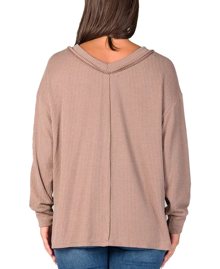 24seven Comfort Apparel - женский свитер свободного кроя из рубчатой вязки с V-образным вырезом taupe