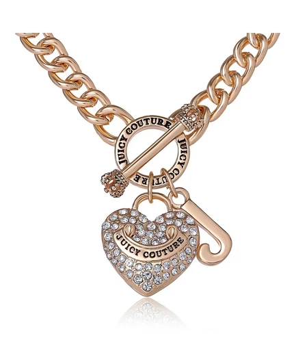 Золотое колье-брелок с сердечком и логотипом в стиле Juicy Couture