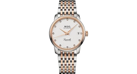 Женские швейцарские автоматические часы Mido с бриллиантом Baroncelli III Heritage (1/10 карата), двухцветный браслет из нержавеющей стали, 33 мм, белый