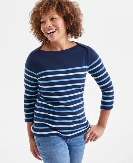  Женский полосатый хлопковый топ Pima с рукавами 3/4, эксклюзивно от Macy's stripe blue