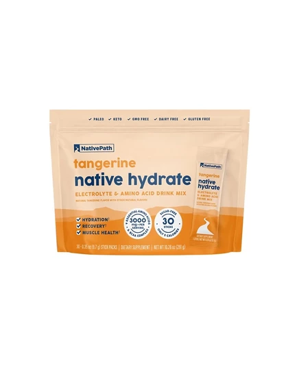nativePath Native Hydrate Stick Packs, порошок электролитов без сахара с BCAA, Мандариновая гидратация, подходит для кето и палео-диеты, 30 порций белого