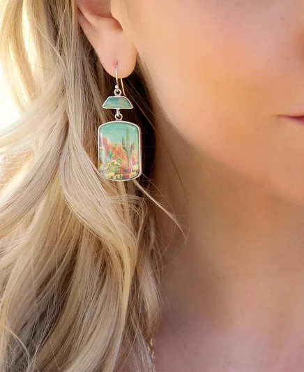Золотые серьги-капли Barse Scenic Sedona Desert с голубым и бирюзовым оттенками genuine turquoise