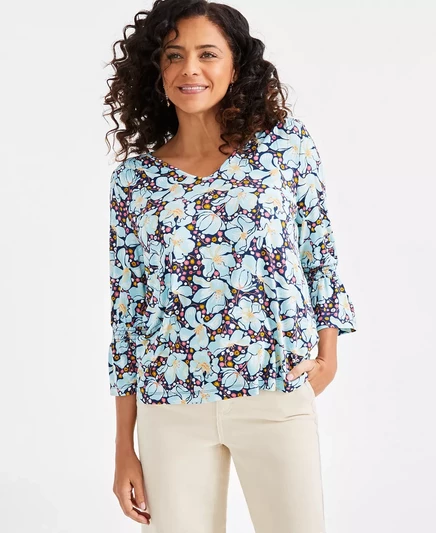  Женский топ с рукавом 3/4 и рюшами с принтом, эксклюзивно от Macy's blooming blue