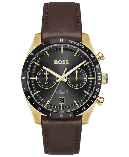 Мужские многофункциональные кварцевые часы Hugo Boss Tourmaster из коричневой телячьей кожи, 41 мм коричневого цвета