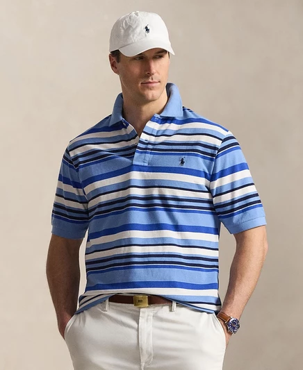 Мужская рубашка-поло Polo Ralph Lauren классического кроя в полоску из сетки Big & Tall синего цвета