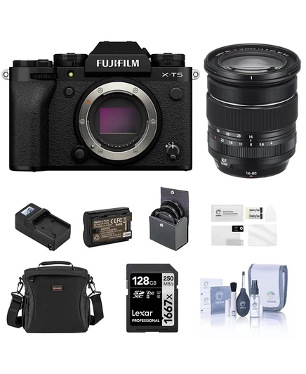 Беззеркальный фотоаппарат Fujifilm X-T5, Черный, с объективом XF 16-80 мм f/4.0 R OIS WR, SD-карта емкостью 128 ГБ, Сумка через плечо, Дополнительный аккумулятор, Зарядное устройство, Комплект фильтров диаметром 72 мм, черный