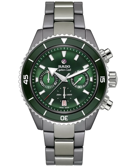 Мужские швейцарские часы Rado с автоматическим хронографом серебристого цвета на высокотехнологичном браслете из керамики и титана 43 мм зеленого цвета