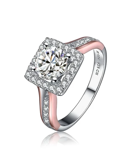 Уникальное двухцветное позолоченное кольцо Genevive с квадратным кольцом Halo CZ Pave Band розового цвета