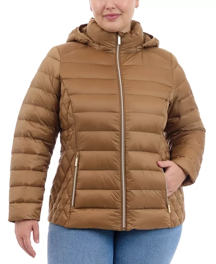 Пуховое пальто-фугу MICHAEL Plus Size с капюшоном, созданное специально для Macy's dark camel