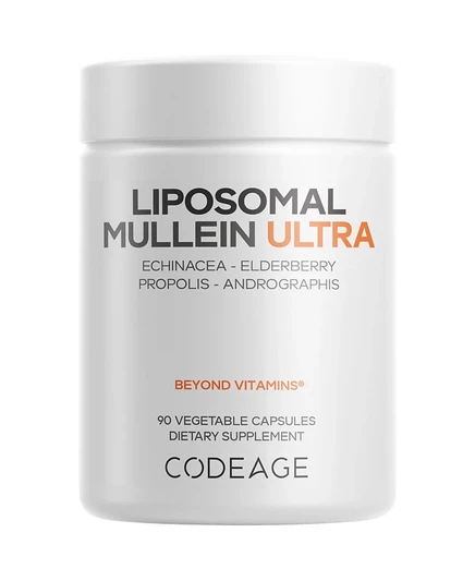 Добавка Codeage Liposomal Mullein Ultra - Экстракт коровяка в соотношении 10:1, ягоды бузины, пчелиный прополис, эхинацея, Корень имбиря, Кудзу, Витамины, 90 капсул белого цвета