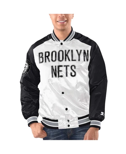 Мужская бело-черная куртка Brooklyn Nets Renegade из атласа на полной застежке white, black