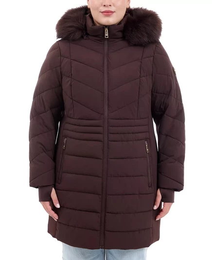 Пуховик MICHAEL Plus Size с капюшоном и отделкой из искусственного меха, созданный для Macy's chocolate