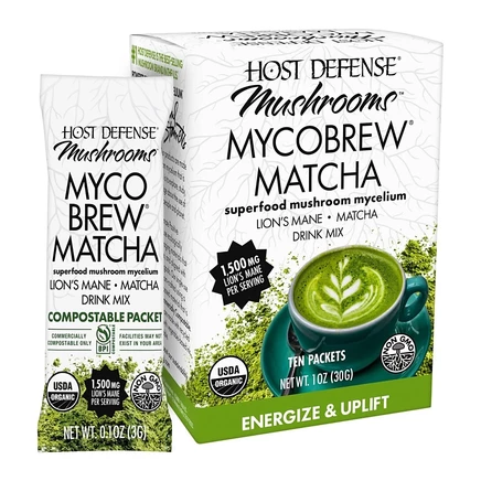 Host Defense MycoBrew Matcha - Смесь для приготовления напитка Матча - Порошок зеленого чая Матча, содержащий Львиный гриб - Смесь для приготовления напитка с чаем Матча - 10 пакетиков белого цвета