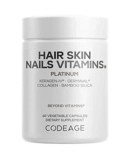 Витамины Codeage для волос, кожи и ногтей Platinum - KeraGEN-IV Кератин, Dermaval - От выпадения волос, для поддержания эластичности кожи и увлажнения Коллаген, 60 капсул белого цвета