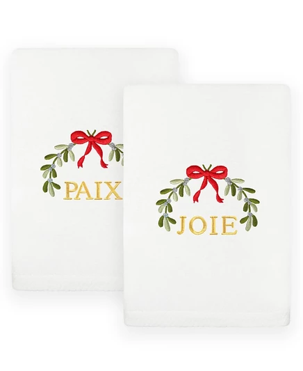 Роскошные полотенца для рук из 100% турецкого хлопка с вышивкой Linum Home Christmas Mistletoe Paix Joie, набор из 2 предметов