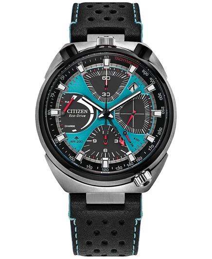 Мужские часы Citizen Promaster Tsuno с хронографом на черном кожаном ремешке 44,5 мм черного цвета