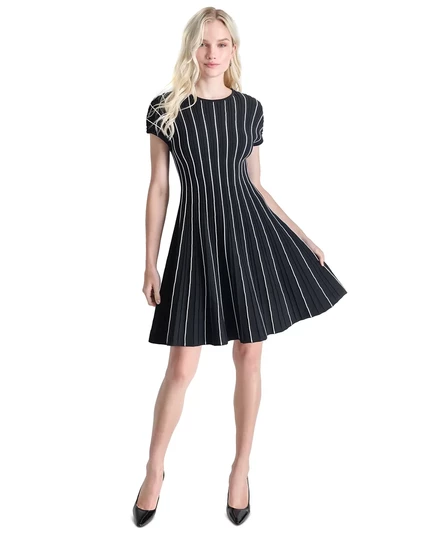  Женское облегающее расклешенное платье с контрастными полосками DKNY black/cream