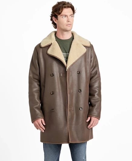 Мужское двубортное пальто Guess из экокожи, коричневое