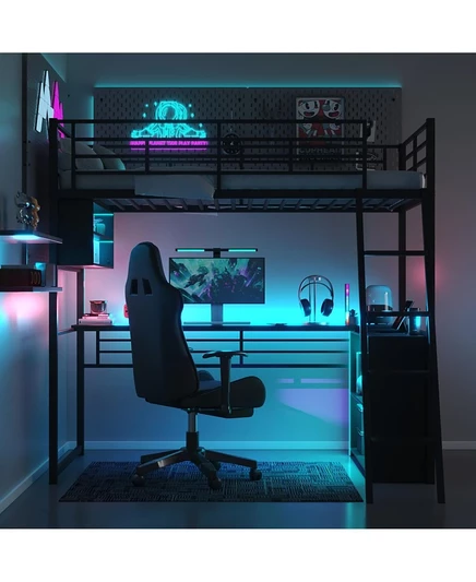 Металлическая кровать-чердак Streamdale Furniture со светодиодной подсветкой, письменным столом и 4 полками для хранения вещей, - Twin
