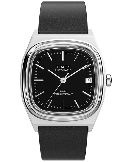 Мужские механические часы Timex с автоподзаводом из черной кожи, 34 мм, черные